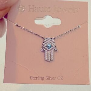 Evil eye Hamsa on sterling silver chain with cubic zirconia